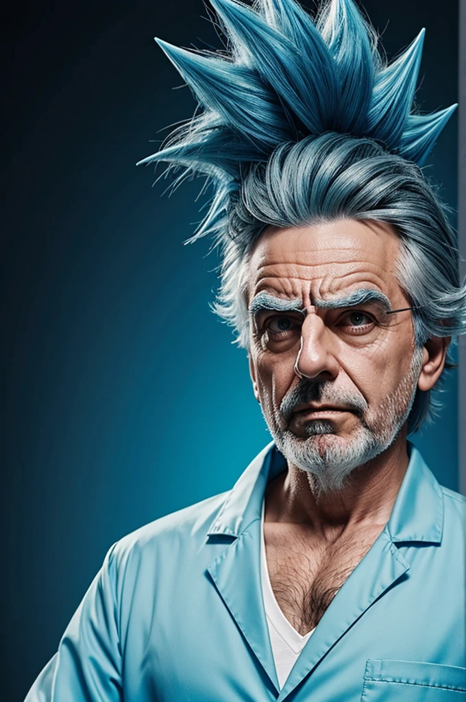 Rick Sanchez from Rick and Morty show as a realistic human with blue spikes as hair lab coat blue unibrows grandpa