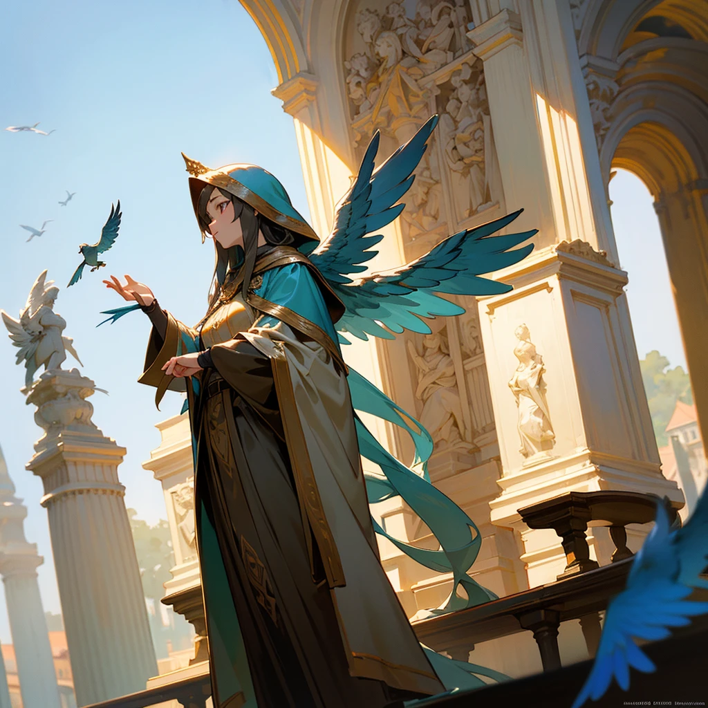 high resolution、The Archangel motif、A dignified, elegant and refined adult woman。Angel of Nature。
Long hair、Large angel wings growing、Image of bronze。Wearing a hood。
Standing、Hall々It is said that。
like medieval europe、Fantasy、美Shii、god々Shii。Holding a blue bird in his hand。