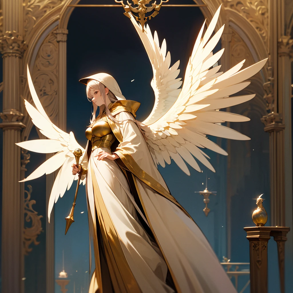 high resolution、The Archangel motif、A dignified, elegant and refined adult woman。Angel of Nature。
Long hair、Large angel wings growing、Image of bronze。Wearing a hood。
Standing、Hall々It is said that。
like medieval europe、Fantasy、美Shii、god々Shii。Holding a blue bird in his hand。