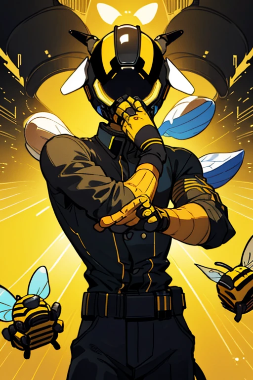 In the digital realm, a 2D handsome boy transforms into a gaming avatar. Adorned with a helmet that mimics the stripes of a bee, its yellow and black colors pop against the pixelated backdrop. The helmet conceals his face, keeping his identity hidden under the guise of a Gamer Bee. With a focused expression, he clutches a controller, his fingers dancing over the buttons with expert precision. The room around him is bathed in the soft glow of a monitor, casting an ethereal light on his determined figure. The yellow and black color scheme reflects in his bright, animated eyes, reflecting his passion for gaming. The scene is a masterpiece of digital art,