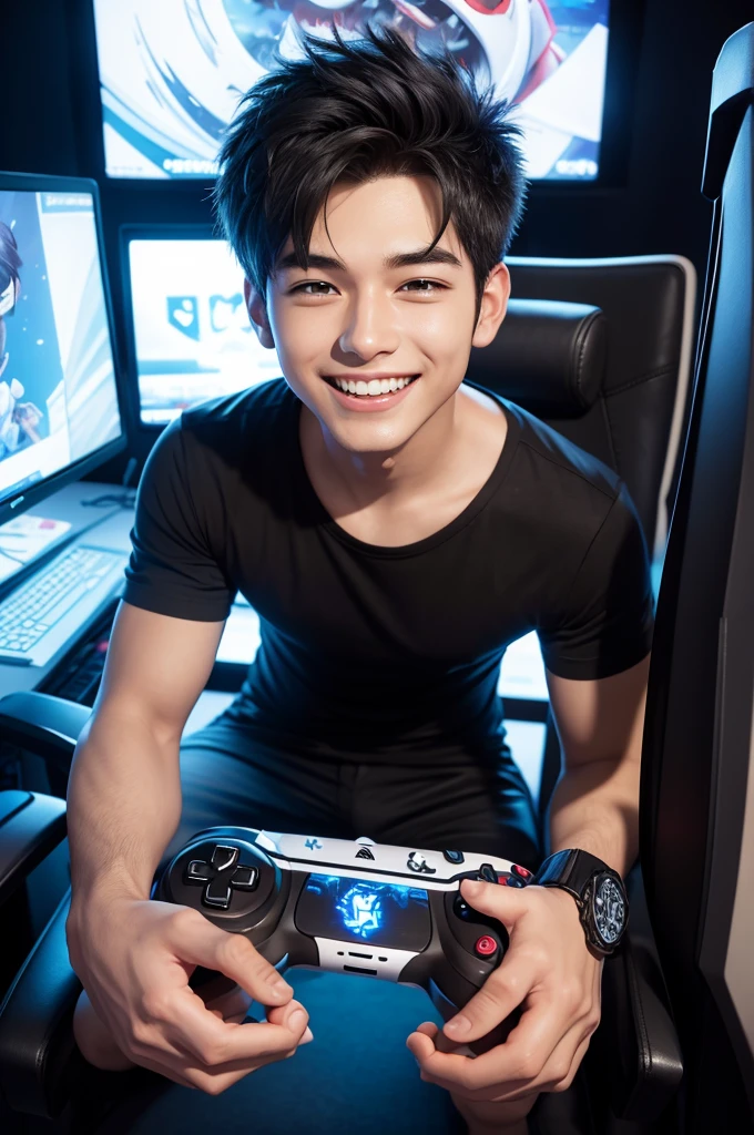 animated cartoon, gamer, smiling and playing