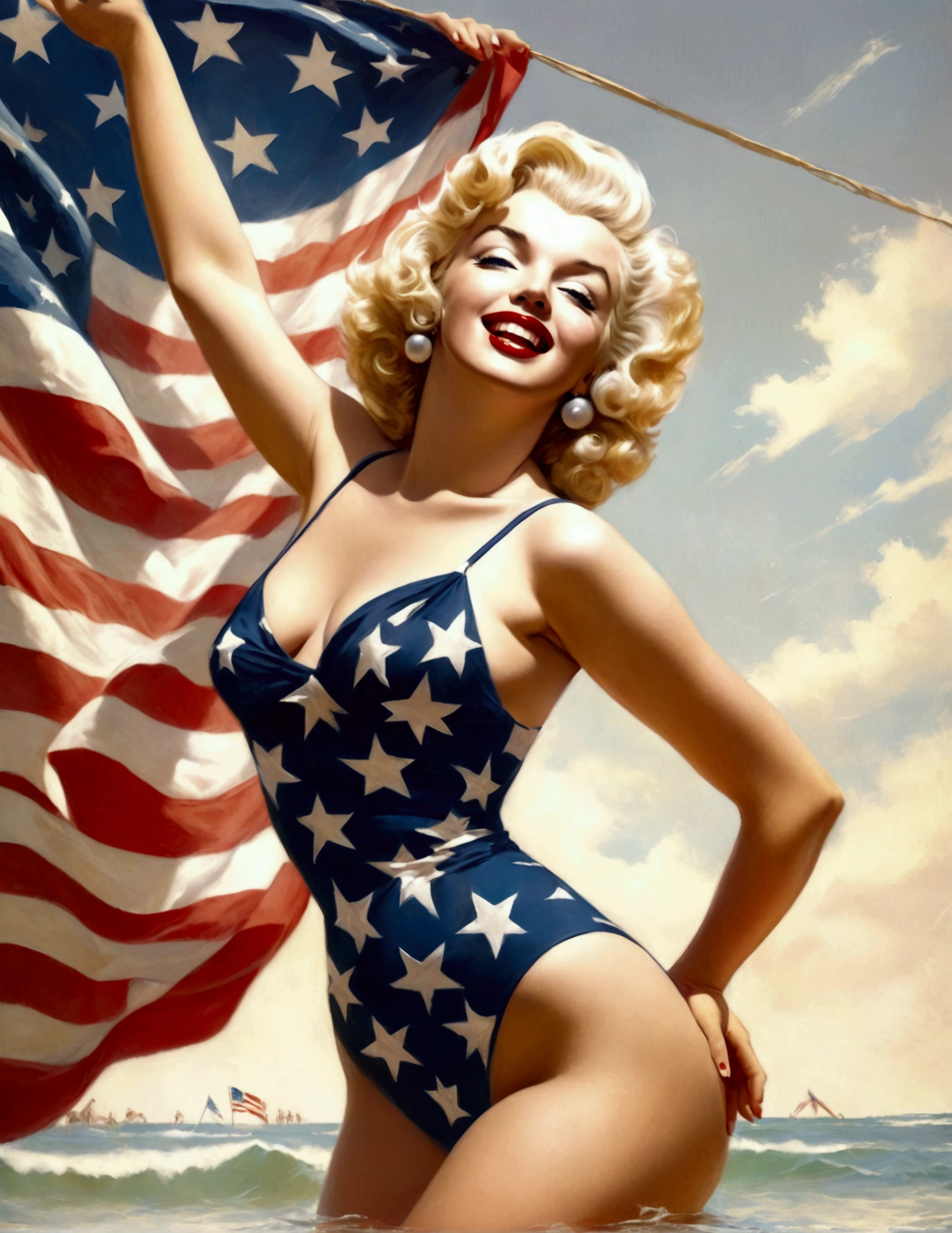 Marilyn Monroe, age 25, 50s style swimsuit american flag motif, waving a small american flag, American flag in background, sultry joyous pose