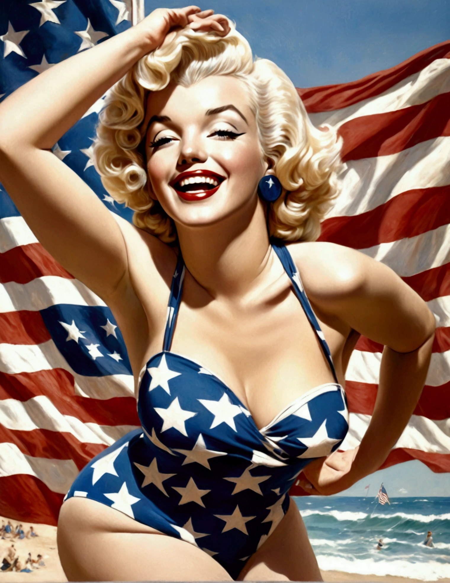 Marilyn Monroe, age 25, 50s style swimsuit american flag motif, waving a small american flag, American flag in background, sultry joyous pose
