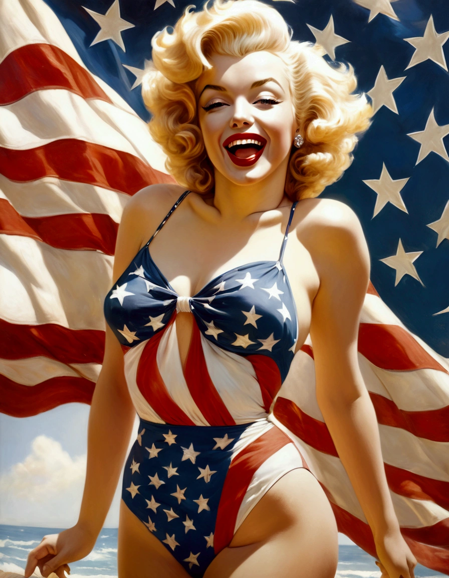 Marilyn Monroe, age 25, 50s style swimsuit american flag motif, waving a small american flag, American flag in background, sultry joyous pose
