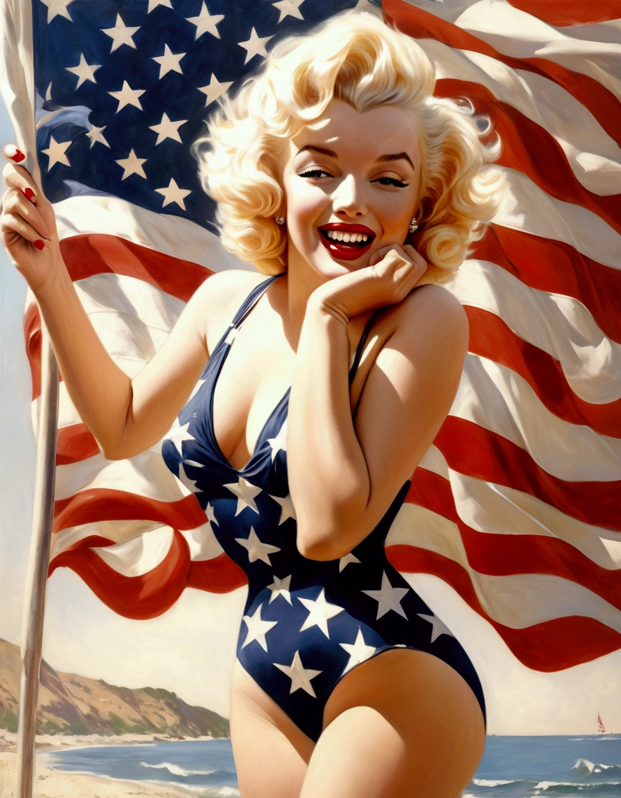 Marilyn Monroe, age 25, 50s style swimsuit american flag motif, waving a small american flag, American flag in background, sultry joyous pose
