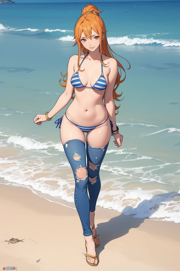 (masterpiece, Highest quality),Browsing Caution,Cartoon photo of a woman in a bikini top and jeans, Anime drawings inspired by Masamune Shirow, Pixiv, Self-sastructing art, Enchanting anime girl, Nami One Piece, Biomechanical , Nami from One Piece, Pixiv 3dcg, , I also make fan art, top rated on Pixiv,high leg ultra small micro bikini:1.9,full body:1.8,puffy nipple:1.6,