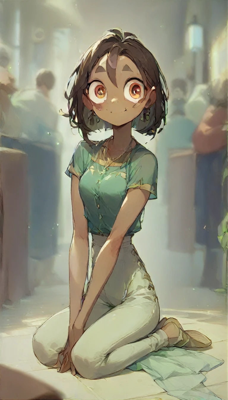 ((best image quality、8K、masterpiece:1.3))、1 girl、smile、Full body Esbian、slim face、cute woman、(dark brown hair)、super detailed face、fine eyes、double eyelid、blurred background、slim face、in the hustle and bustle of the city_Super long brown hair、big breasts、full body shot、((sitting on a chair, night view terrace background:1.3)),Hair with loose waves on the inside、Wearing a satin blouse, ultra-thin fabric、smooth、See-through fabric:1.3、gold necklace_Larger earrings、((shy smile:1.3)),full body shot、Standing gracefully,