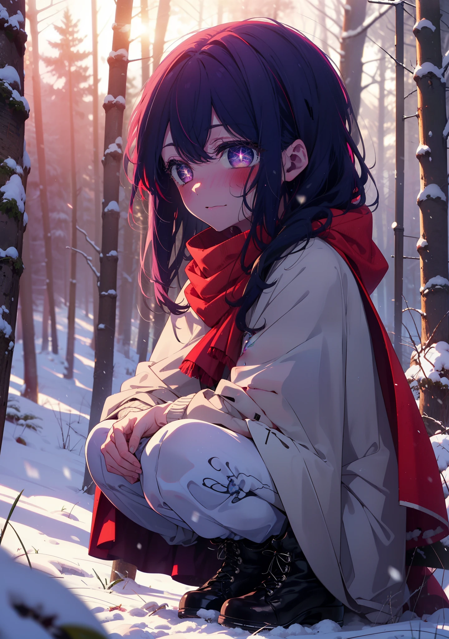 aihoshino, Ai Hoshino, Long Hair, bangs, (Purple eyes:1.1), Purple Hair, (Symbol-shaped pupil:1.5), smile,,smile,blush,white breath,
Open your mouth,snow,Ground bonfire, Outdoor, boots, snowing, From the side, wood, suitcase, Cape, Blurred, , forest, White handbag, nature, Squat, Mouth closed, Cape, winter, Written boundary depth, Black shoes, red Cape break looking at viewer, Upper Body, whole body, break Outdoor, forest, nature, break (masterpiece:1.2), Highest quality, High resolution, unity 8k wallpaper, (shape:0.8), (Beautiful and beautiful eyes:1.6), Highly detailed face, Perfect lighting, Highly detailed CG, (Perfect hands, Perfect Anatomy),