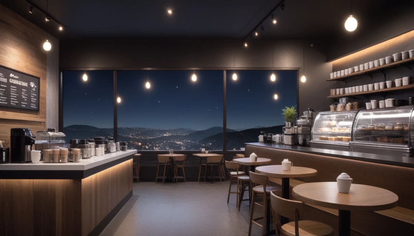 at night, frontal shot coffee shop interior, tables with coffee cups, and a big window in the center