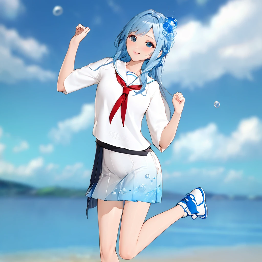 Anime girl with blue hair, white shirt and blue shoes, Jellyfish Shrine Maiden 8k, rei hiroe, Inspired by Rei Kamoi, Mikudayo, Anime girl running, Anime-style 3D, Pause(Raise the hand + Happy), 3d anime girl, Anime girl walking on water, render of a cute 3d anime girl, Anime-style characters