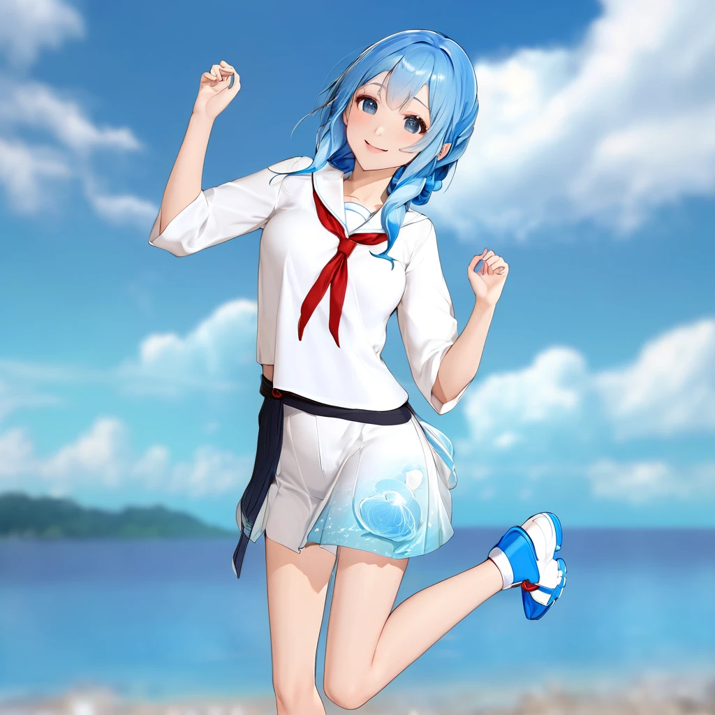 Anime girl with blue hair, white shirt and blue shoes, Jellyfish Shrine Maiden 8k, rei hiroe, Inspired by Rei Kamoi, Mikudayo, Anime girl running, Anime-style 3D, Pause(Raise the hand + Happy), 3d anime girl, Anime girl walking on water, render of a cute 3d anime girl, Anime-style characters