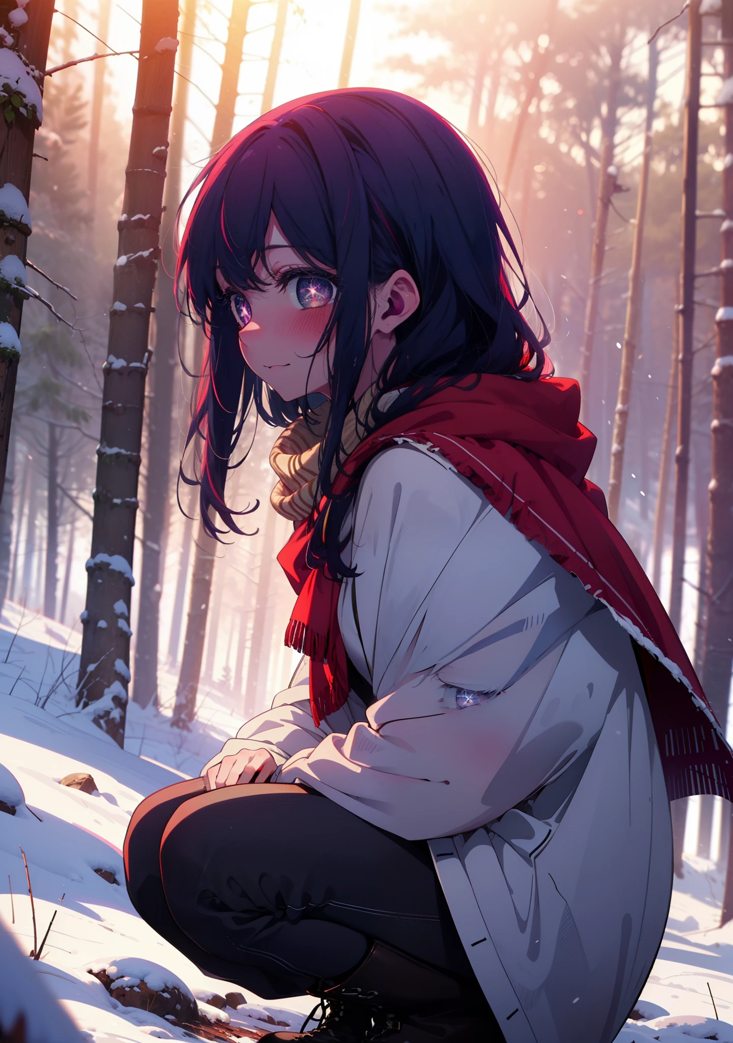 aihoshino, Ai Hoshino, Long Hair, bangs, (Purple eyes:1.1), Purple Hair, (Symbol-shaped pupil:1.5), smile,,smile,blush,white breath,
Open your mouth,snow,Ground bonfire, Outdoor, boots, snowing, From the side, wood, suitcase, Cape, Blurred, , forest, White handbag, nature,  Squat, Mouth closed, Cape, winter, Written boundary depth, Black shoes, red Cape break looking at viewer, Upper Body, whole body, break Outdoor, forest, nature, break (masterpiece:1.2), Highest quality, High resolution, unity 8k wallpaper, (shape:0.8), (Beautiful and beautiful eyes:1.6), Highly detailed face, Perfect lighting, Highly detailed CG, (Perfect hands, Perfect Anatomy),