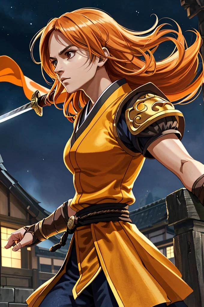 Highest quality，High resolution， ((DQ4)) ，（Arena），One person，Martial Artist，Fighter，Two-Way，warrior，（yellow_coat），woman，One personで，strongest，Anime Style，（orange_Hair Color）（Night Sky_background），(Limbs)，(Full Finger)，(Accurate fingertips), (The finer details), (Super detailed)，(Japanese sword:)，4K，(high resolution)，whole body, (Front angle), Looking at the camera,masterpiece，(Subtle details)，(Intricate details)，Octane Rendering，(Hyper Detail)，