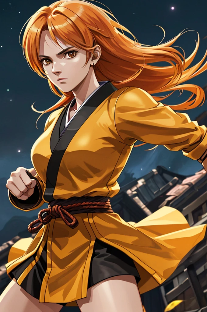 Highest quality，High resolution， ((DQ4)) ，（Arena），One person，Martial Artist，Fighter，Two-Way，warrior，（yellow_coat），woman，One personで，strongest，Anime Style，（orange_Hair Color）（Night Sky_background），(Limbs)，(Full Finger)，(Accurate fingertips), (The finer details), (Super detailed)，(Japanese sword:)，4K，(high resolution)，whole body, (Front angle), Looking at the camera,masterpiece，(Subtle details)，(Intricate details)，Octane Rendering，(Hyper Detail)，