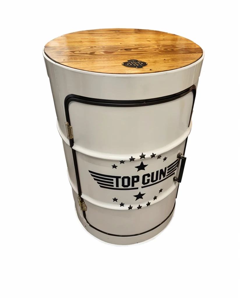 Create a picture where the "Top Gun" barrel table I uploaded is incorporated into a beautifully lit living room with a stylish armchair, a wooden cabinet full of books and a fireplace. The image captures the warm and cosy atmosphere using high quality realistic photography