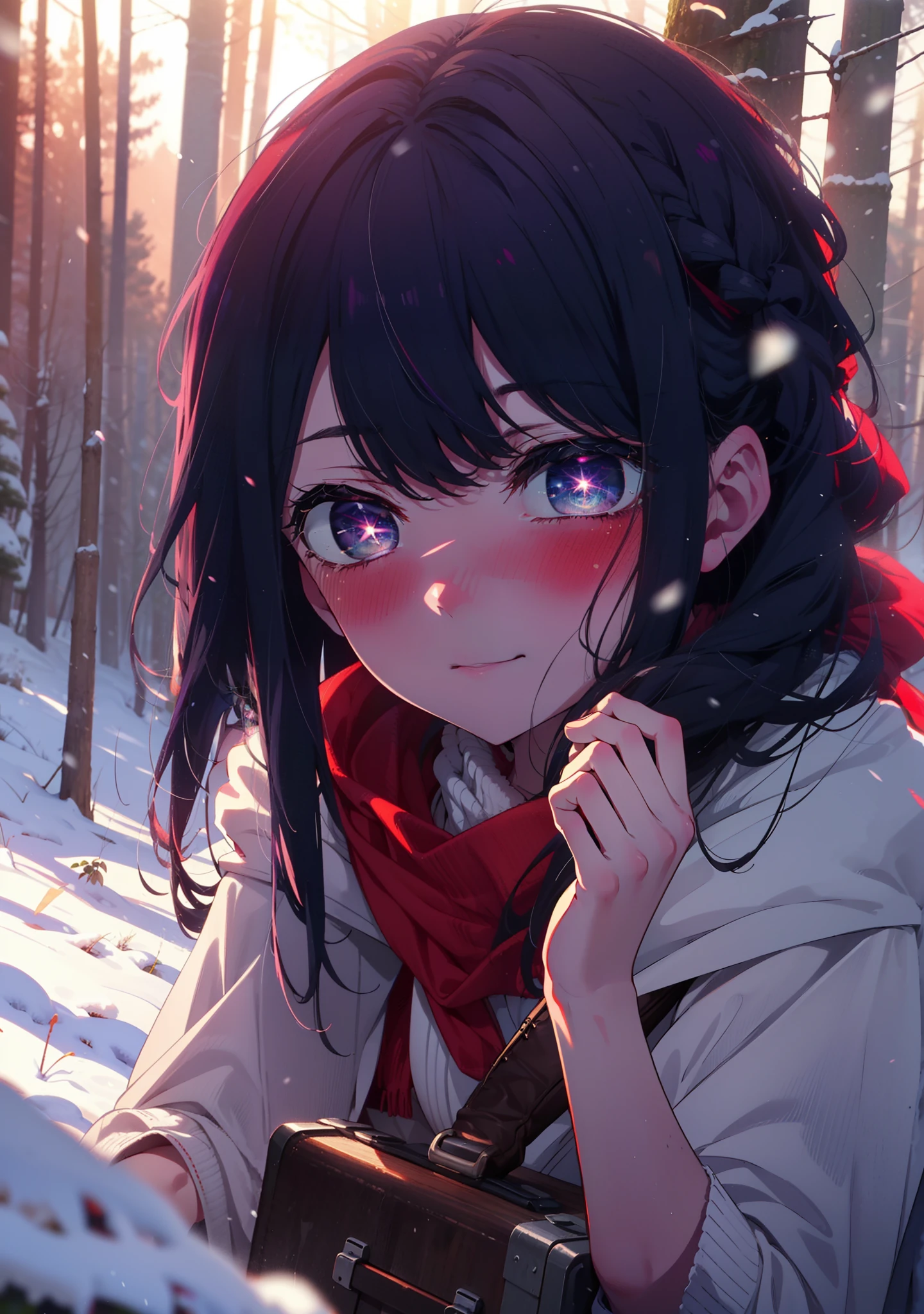 aihoshino, Ai Hoshino, Long Hair, bangs, (Purple eyes:1.1), Purple Hair, (Symbol-shaped pupil:1.5), smile,,smile,blush,white breath,
Open your mouth,snow,Ground bonfire, Outdoor, boots, snowing, From the side, wood, suitcase, Cape, Blurred, , forest, White handbag, nature,  Squat, Mouth closed, Cape, winter, Written boundary depth, Black shoes, red Cape break looking at viewer, Upper Body, whole body, break Outdoor, forest, nature, break (masterpiece:1.2), Highest quality, High resolution, unity 8k wallpaper, (shape:0.8), (Beautiful and beautiful eyes:1.6), Highly detailed face, Perfect lighting, Highly detailed CG, (Perfect hands, Perfect Anatomy),