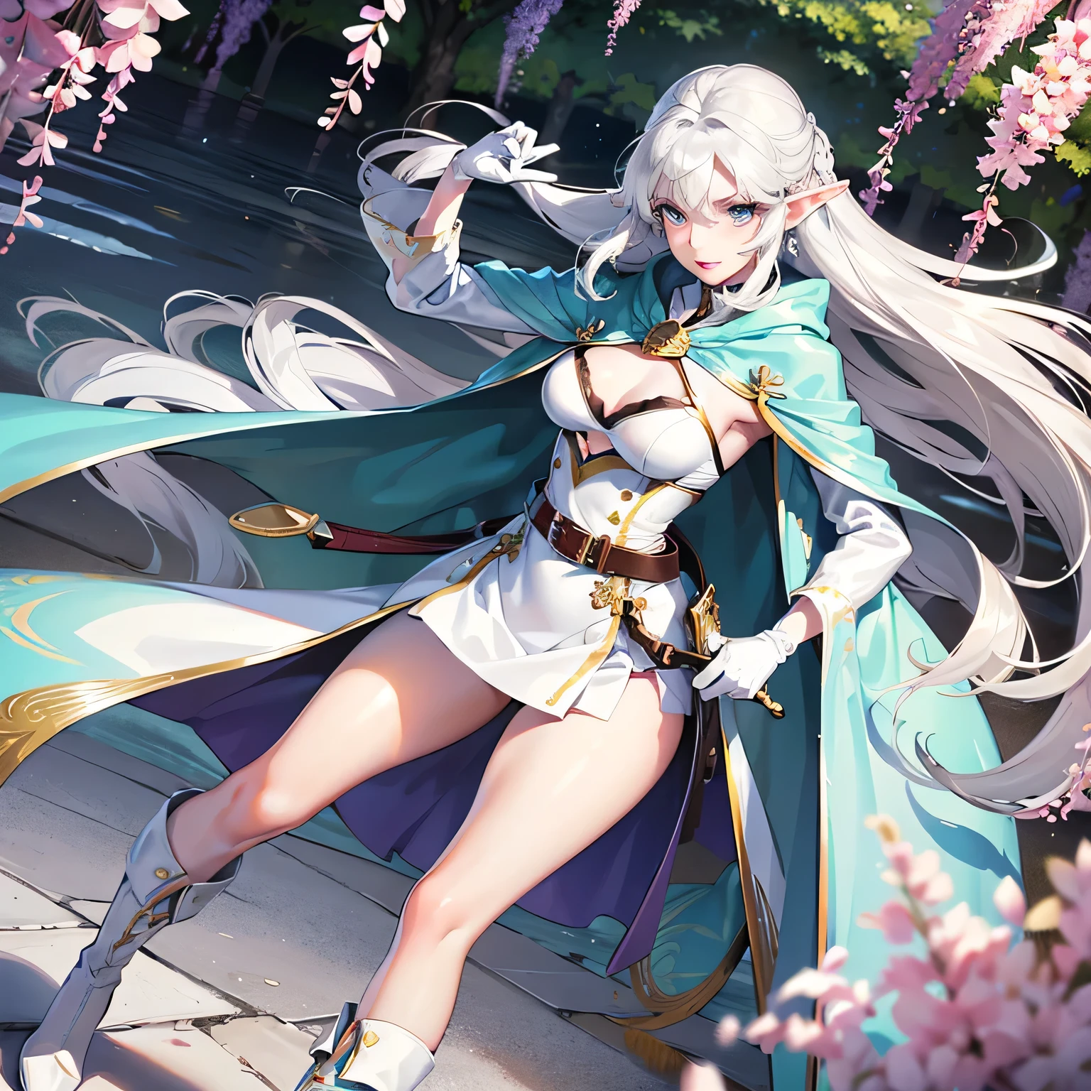 realistic 3D anime style elf girl, long silver-white hair, beautiful detailed symmetric face, perfect beauty, white eyebrows, vivid blue eyes, small upturned nose, full luscious lips, perfect smile, curvy body, large breasts, slim waist, wide hips, thick thighs, wearing a sapphire -blue hooded cloak over, white long-sleeved dress with qipao collar, short white skirt with belt, crystal turquoise earrings and pendant, light brown leather gloves with cuffs, wide brown leather belt with silver buckle, (short sword on the belt), long brown leather boots with high flared cuffs, (cloak, gloves and boots decorated with intricate fine golden details), reclined with arms crossed, in front of a lush wisteria tree, colorful flower-covered ground, sunny outdoor scene, girl looking at camera