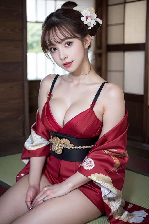 ((8K)), (RAW photo), (Real), (Photorealistic), Ultra high resolution, Masterpiece, Top quality, Perfect lighting, Professional lighting, Detailed lighting, Dramatic shadows, Ray tracing, (Photorealistic: 1.2), (Sharp focus), One beautiful Japanese woman, Cowboy shot, 20 years old, (Sexy, Sexy, Erotic,), Beautiful face, Detailed and perfect face, Large and even eyes, Small head, Six-headed well-proportioned body, Slender figure, Beautiful and detailed brown eyes, Small breasts, Large thighs, Brown hair in a tall ponytail, Medium messy hair, Half-open mouth, Sitting pose, Looking into the viewer, (Smiling gently, Mother), Kimono, Red loincloth, Exposing shoulders, ((Oiran, Maiko,)), ((Old Japanese house)), (Dark room), ((Blur)),