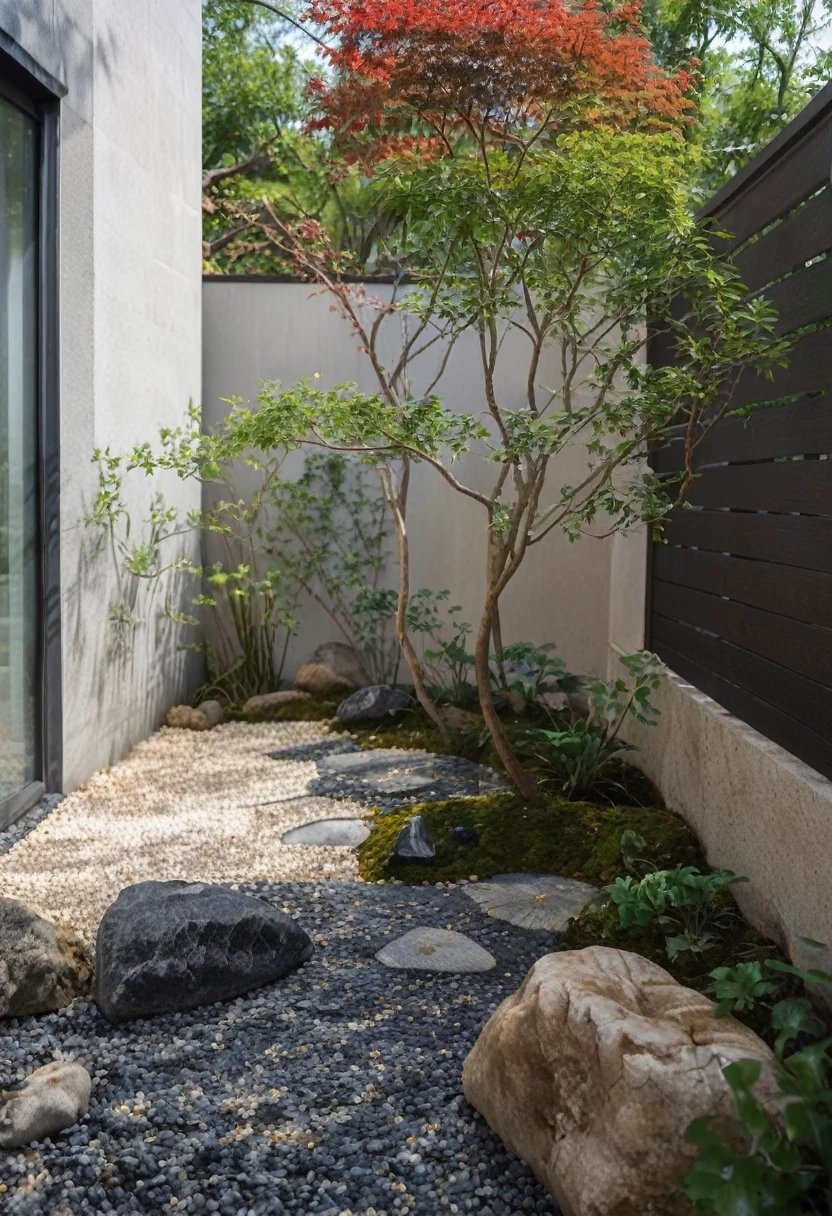 qlcd,tingyuan,no humans,tree,scenery,outdoors,day,stairs,plant,fence,This picture shows a modern style courtyard landscape. On the left side of the screen is a gray rock with a unique shape,seemingly carefully selected and arranged. There is a small path paved with black pebbles next to the rock,winding through the courtyard. In the center of the courtyard,there is a beautifully shaped tree with a twisted trunk and lush leaves,giving people a feeling of ancient and exquisite. On the right side of the tree is a small bonsai plant,with lush branches and leaves,presenting a vibrant scene. In the background,you can see a tall wall with some vertical line textures,forming a sharp contrast with the foreground. The entire scene is illuminated by sunlight,appearing very peaceful and harmonious.,