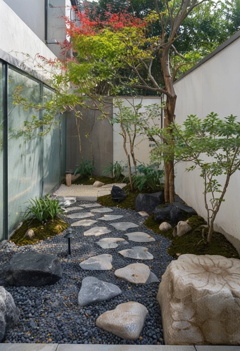 qlcd,tingyuan,no humans,tree,scenery,outdoors,day,stairs,plant,fence,This picture shows a modern style courtyard landscape. On the left side of the screen is a gray rock with a unique shape,seemingly carefully selected and arranged. There is a small path paved with black pebbles next to the rock,winding through the courtyard. In the center of the courtyard,there is a beautifully shaped tree with a twisted trunk and lush leaves,giving people a feeling of ancient and exquisite. On the right side of the tree is a small bonsai plant,with lush branches and leaves,presenting a vibrant scene. In the background,you can see a tall wall with some vertical line textures,forming a sharp contrast with the foreground. The entire scene is illuminated by sunlight,appearing very peaceful and harmonious.,