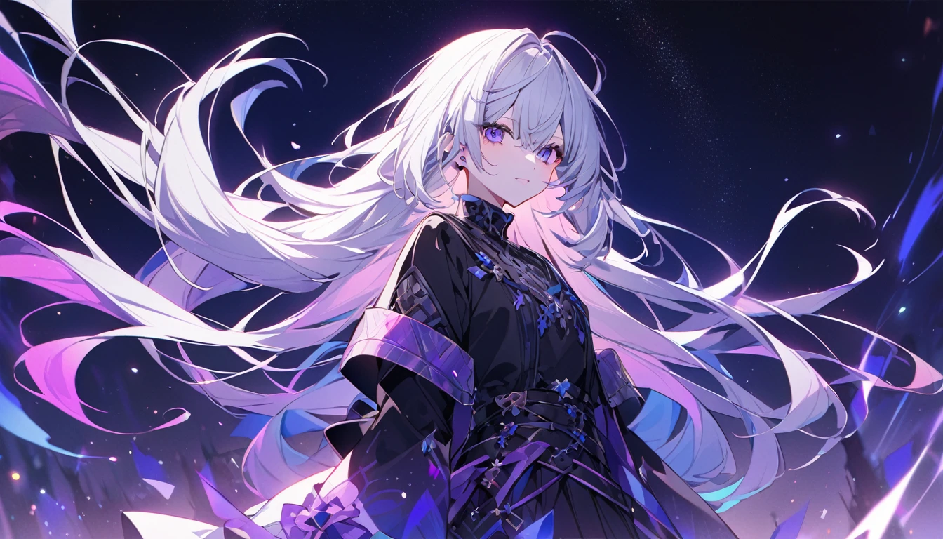 mysterious。White Hair Girl。Detailed Background。White Hair Girlが手から魔法のオーラを放っているシーン。Aura colors are blue and purple、mysteriousな雰囲気を強調。The background is a night sky or a starry sky。