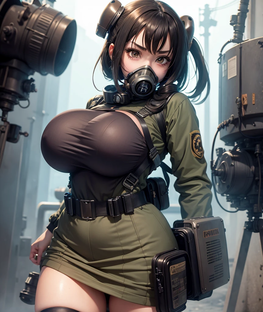 Anime girl in gas mask and big breasts exposed