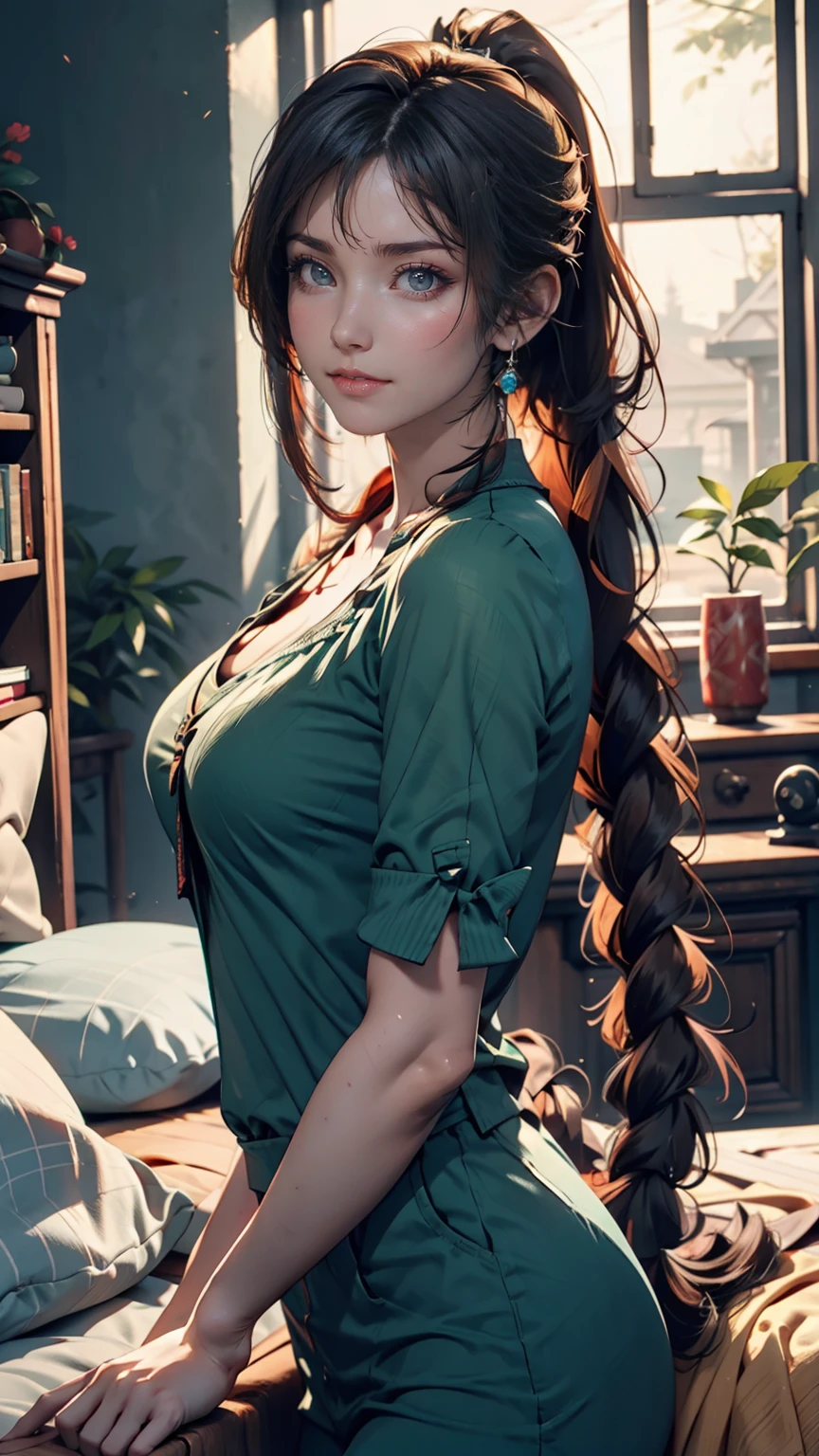anime, High resolution, Woman close up ((Red braided low ponytail hair)) and (((the most beautiful Green eyes))) in (((Blue clothes))), (((determined)), 8k, Unreal EnGine 5, オクタンレンダリンG, Cute, GamanG, Yoon Gonji, G.To, Gosonjak, Schloop, Severe, Dorm, Noah, trendinG on pixiv, Fan Box, Sketch, masterpiece, Detailed face, smooth soft skin, biG dreamy eyes, beautiful intricate colored hair, Symmetric, anime wide eyes, soft liGhtinG, Concept Art, diGital paintinG,