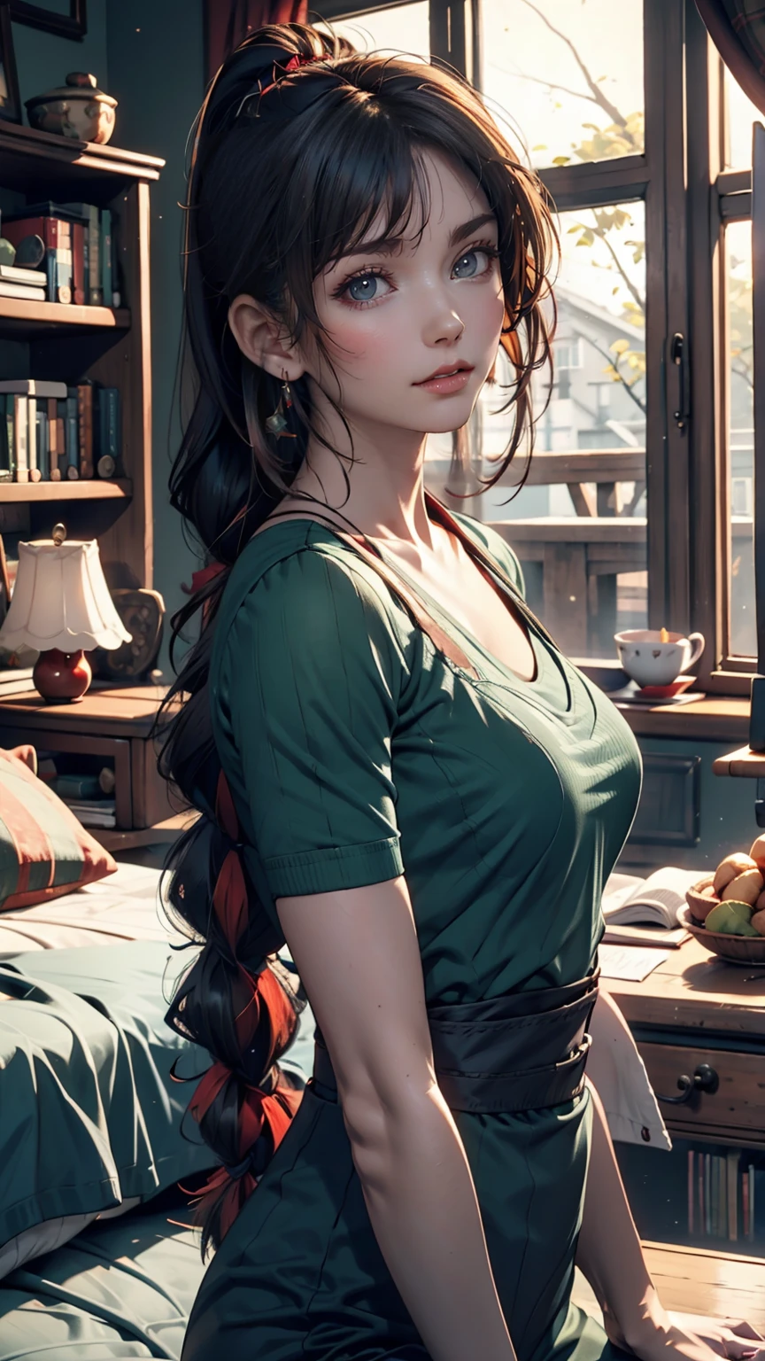 anime, High resolution, Woman close up ((Red braided low ponytail hair)) and (((the most beautiful Green eyes))) in (((Blue clothes))), (((determined)), 8k, Unreal EnGine 5, オクタンレンダリンG, Cute, GamanG, Yoon Gonji, G.To, Gosonjak, Schloop, Severe, Dorm, Noah, trendinG on pixiv, Fan Box, Sketch, masterpiece, Detailed face, smooth soft skin, biG dreamy eyes, beautiful intricate colored hair, Symmetric, anime wide eyes, soft liGhtinG, Concept Art, diGital paintinG,