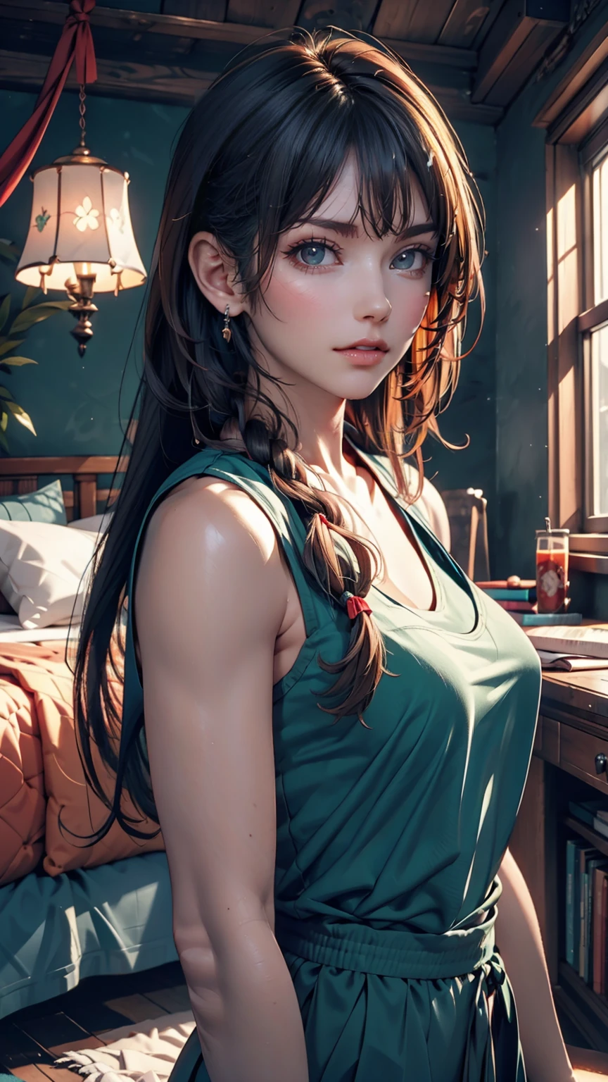 anime, High resolution, Woman close up ((Red braided low ponytail hair)) and (((the most beautiful Green eyes))) in (((Blue clothes))), (((determined)), 8k, Unreal EnGine 5, オクタンレンダリンG, Cute, GamanG, Yoon Gonji, G.To, Gosonjak, Schloop, Severe, Dorm, Noah, trendinG on pixiv, Fan Box, Sketch, masterpiece, Detailed face, smooth soft skin, biG dreamy eyes, beautiful intricate colored hair, Symmetric, anime wide eyes, soft liGhtinG, Concept Art, diGital paintinG, 