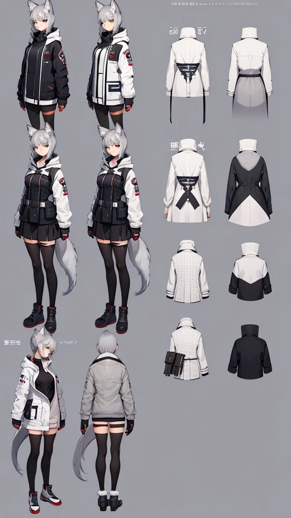 (CHARACTERSHEET:1) (MULTIPLE VIEWS FULL BODY UPPER BODY REFERENCE SHEET:1) Cute Girl, Anime Girl, Grey Hair, Wolf ears, Wolf Tail, Tactical outfit, Winter Jacket (CharacterSheet:1), (multiple views full body upper body reference sheet:1)

