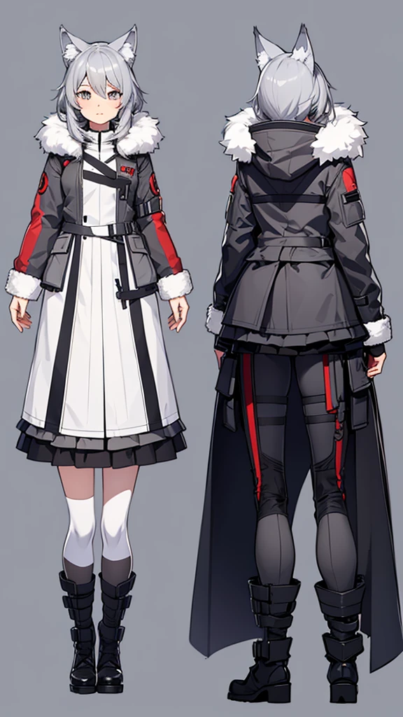 (CHARACTERSHEET:1) (MULTIPLE VIEWS FULL BODY UPPER BODY REFERENCE SHEET:1) Cute Girl, Anime Girl, Grey Hair, Wolf ears, Wolf Tail, Tactical outfit, Winter Jacket (CharacterSheet:1), (multiple views full body upper body reference sheet:1)
