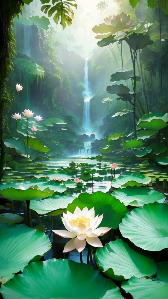 lotus flowers in a pond with a waterfall in the background, lotus pond, lotus flowers on the water, lotus flowers, beautiful jungle, lotus flower, lotus, Beautiful nature, with lotus flowers, standing gracefully upon a lotus, lotuses, Beautiful wallpapers, Water Lily, beautiful jungle landscape, lotus petals, Beautiful background, Nature Wallpapers, standing on a lotus