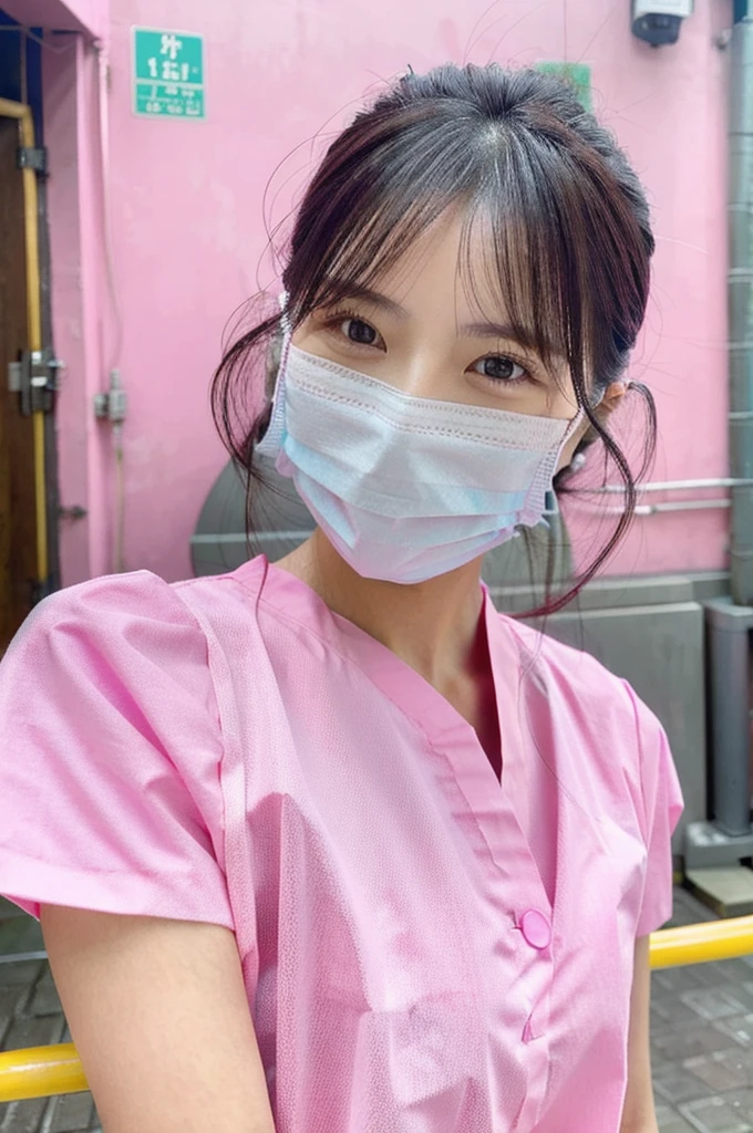 Dental hygienist wearing natural fluorescent pink medical scrubs　Short sleeves Japanese Black hair Early 20s Female　Upper body close-up　smile　Shooting outside　Harmony々　No accessories included