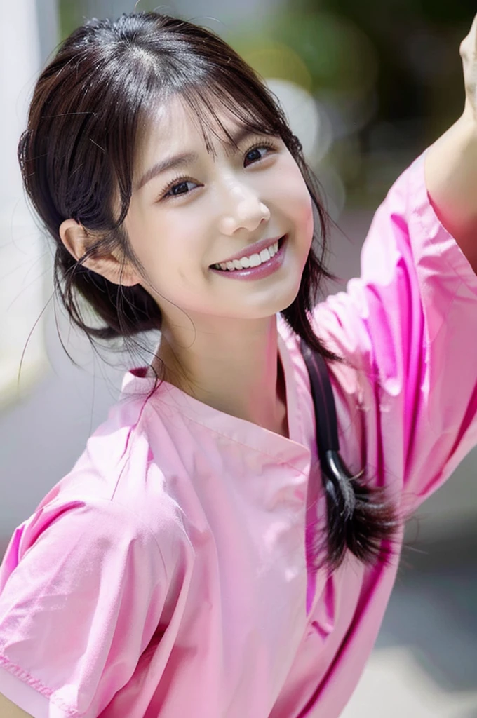 Dental hygienist wearing natural fluorescent pink medical scrubs Short sleeves Japanese Black hair Early 20s Female Upper body close-up smile Shooting outside Harmony々 No accessories included