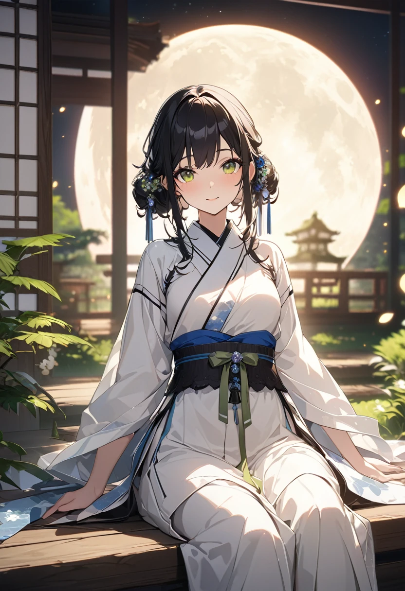 (Official Art、Highest quality、unity 8k wallpaper、masterpiece、Absurd、Very detailed、Ultra-high resolution:1.2)、(Highly detailed and exquisite 3D rendering)、細部までBeautiful Faceと目、thin、Medium Bust、(whole body:1.2)、(Side Shot、moonを見上げて、avert your eyes:1.2)、Fireflies are flying、(mysterious)、Beautiful Face、Blurred Background、beautiful girl、Japanese garden、Cowboy Shot、Sitting on the porch、空に浮かぶ満moon、moon