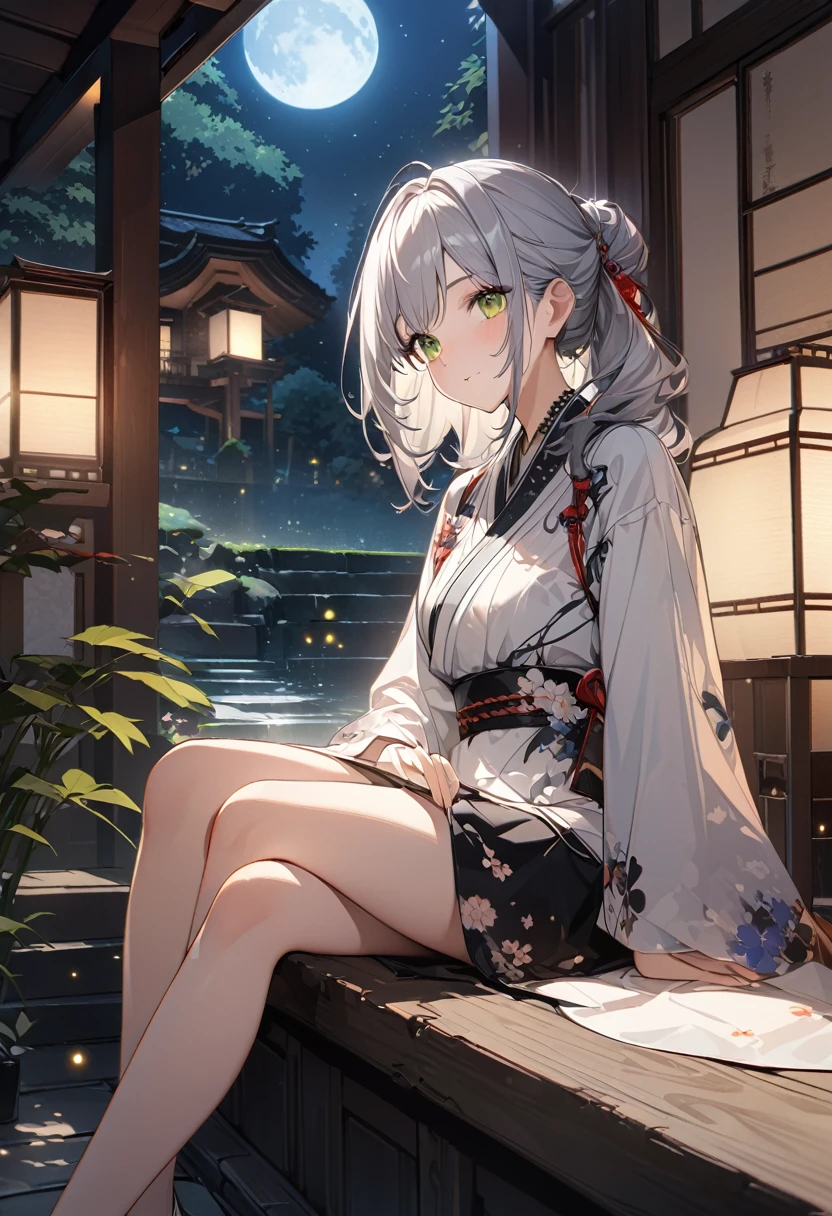 (Official Art、Highest quality、unity 8k wallpaper、masterpiece、Absurd、Very detailed、Ultra-high resolution:1.2)、(Highly detailed and exquisite 3D rendering)、細部までBeautiful Faceと目、thin、Medium Bust、(whole body:1.2)、(Side Shot、moonを見上げて、avert your eyes:1.2)、Fireflies are flying、(mysterious)、Beautiful Face、Blurred Background、beautiful girl、Japanese garden、Cowboy Shot、Sitting on the porch、空に浮かぶ満moon、moon
