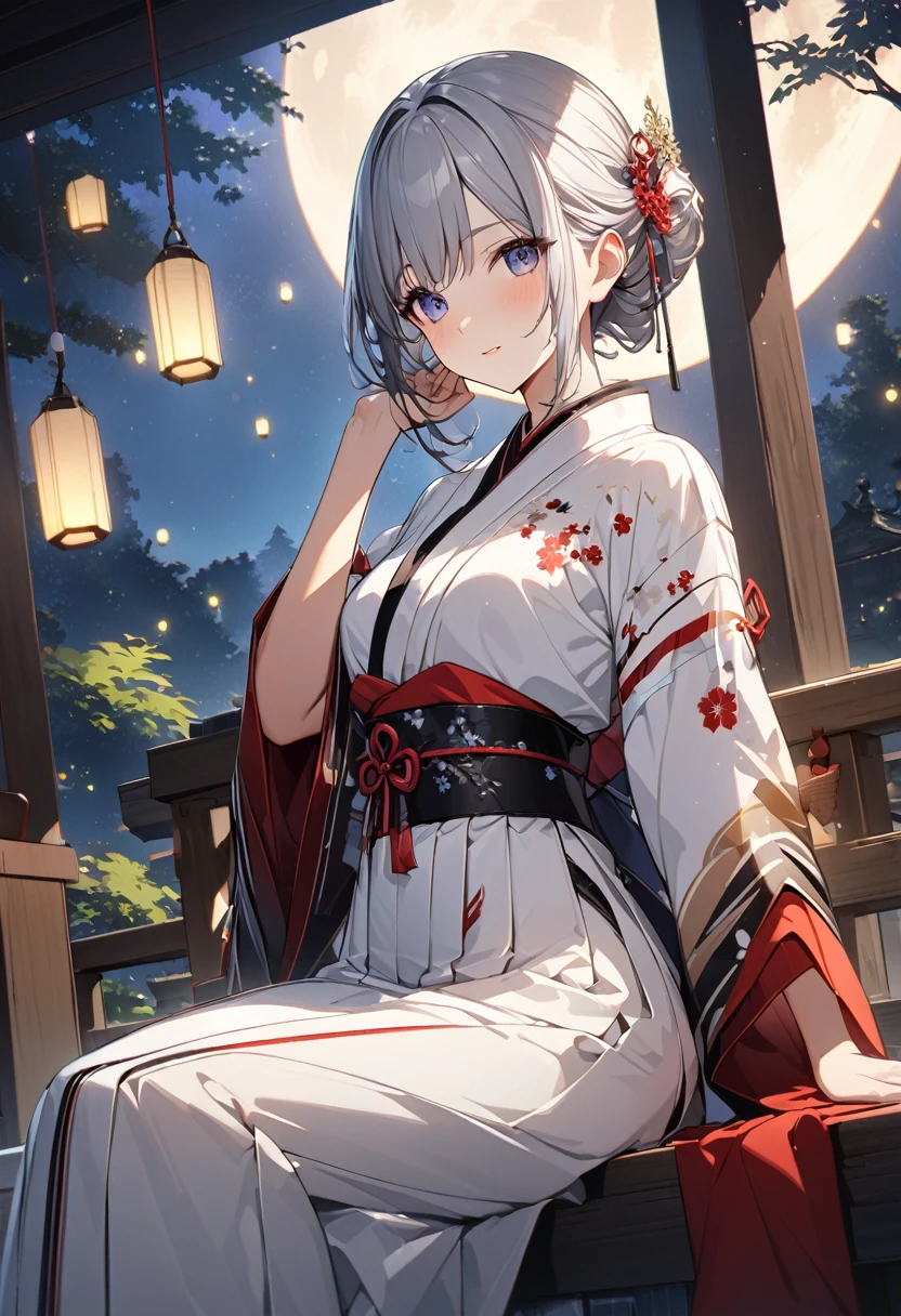 (Official Art、Highest quality、unity 8k wallpaper、masterpiece、Absurd、Very detailed、Ultra-high resolution:1.2)、(Highly detailed and exquisite 3D rendering)、細部までBeautiful Faceと目、thin、Medium Bust、(whole body:1.2)、(Side Shot、moonを見上げて、avert your eyes:1.2)、Fireflies are flying、(mysterious)、Beautiful Face、Blurred Background、beautiful girl、Japanese garden、Cowboy Shot、Sitting on the porch、空に浮かぶ満moon、moon