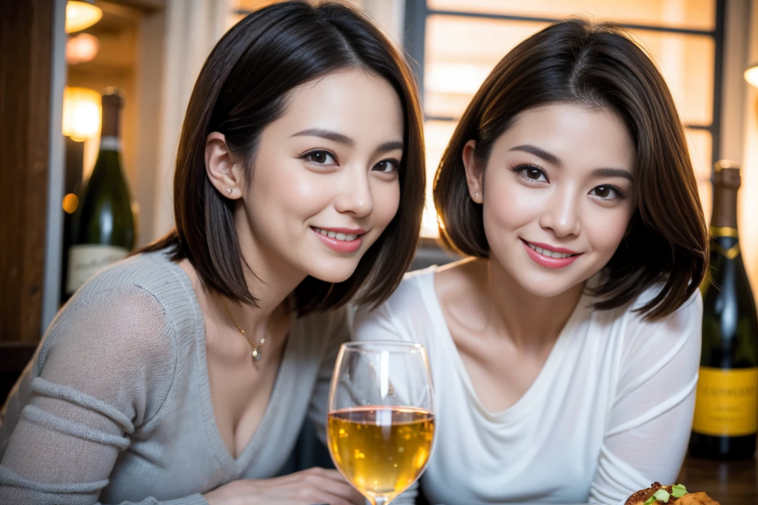 (Realistic:1.1),(masterpiece,Highest quality),8k,(40 years old), 42 years old, slimカップル、Model Couple、Actress/Actor、Tight waist,Upper Body,full-course dinner、wine 、Amazing view of the sunset sky and clouds、Perfect Anatomy, Brown Hair, Short Hair,Random Hairstyles,((Highly detailed face and eyes:1.2))(cute顔:1.4),Beautiful actress face,Perfect golden ratio face,Long sleeve shirt、dress,(smile:1.2)、Shortcuts、cute、(Realistic, Intricate details:1.2), A bright smile、short hair,Bright Face、赤wine 、Appetizers、Italian food、wine bottle、Champagne、スパークリングwine、(slimな顔), (The body is slim), (Brown Hair), (Shortcuts), Upper Body, 白wine, slim, wineグラス,