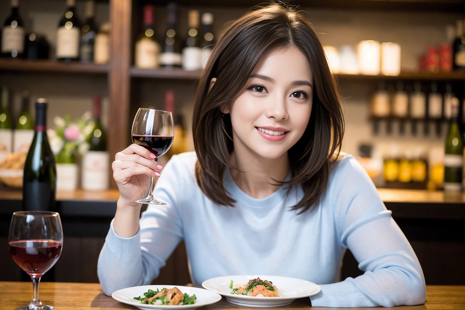 (Realistic:1.1),(masterpiece,Highest quality),8k,(40 years old), 42 years old, slimカップル、Model Couple、Actress/Actor、Tight waist,Upper Body,full-course dinner、wine 、Amazing view of the sunset sky and clouds、Perfect Anatomy, Brown Hair, Short Hair,Random Hairstyles,((Highly detailed face and eyes:1.2))(cute顔:1.4),Beautiful actress face,Perfect golden ratio face,Long sleeve shirt、dress,(smile:1.2)、Shortcuts、cute、(Realistic, Intricate details:1.2), A bright smile、short hair,Bright Face、赤wine 、Appetizers、Italian food、wine bottle、Champagne、スパークリングwine、(slimな顔), (The body is slim), (Brown Hair), (Shortcuts), Upper Body, 白wine, slim, wineグラス,