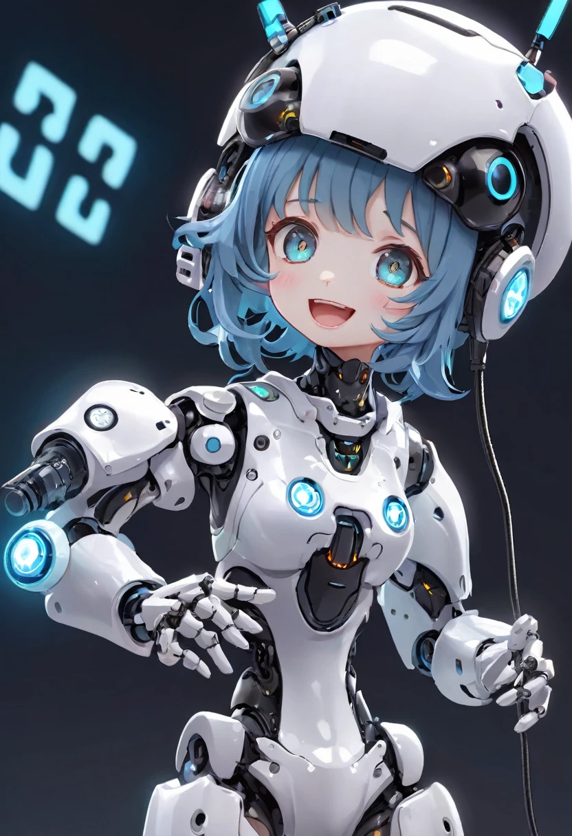 ((Dice-themed robot)), 3D Rendering, Jongsuk Lee, Digital Art, Adorable glowing creatures, Futuristic Gear Shiny White Armor、A cute girl robot、antenna、Electronic display panel on chest、((Holding the microphone close to his mouth while speaking))、Smiling Kindly、((whole body))、((Background is white))、Are standing