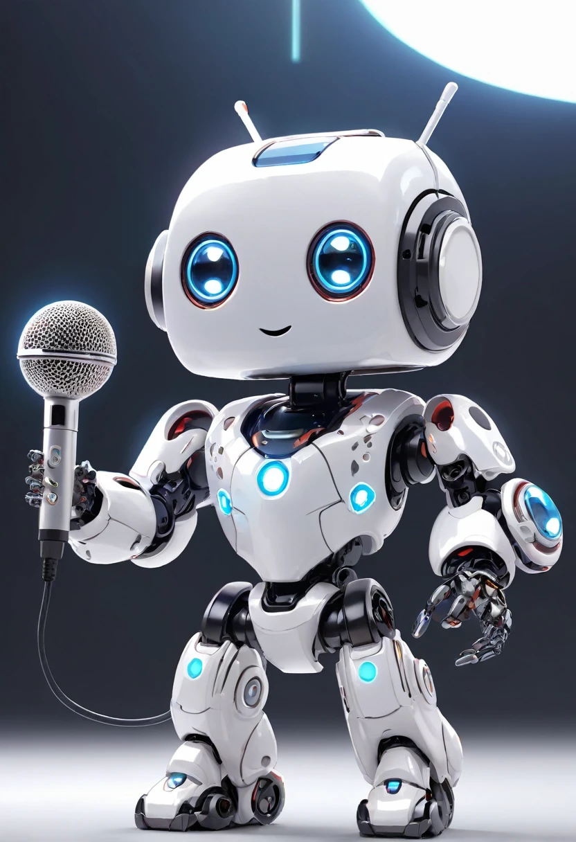 ((Dice-themed robot)), 3D Rendering, Jongsuk Lee, Digital Art, Adorable glowing creatures,  Futuristic Gear Shiny White Armor、A cute girl robot、antenna、Electronic display panel on chest、((Holding the microphone close to his mouth while speaking))、Smiling Kindly、((whole body))、((Background is white))、Are standing