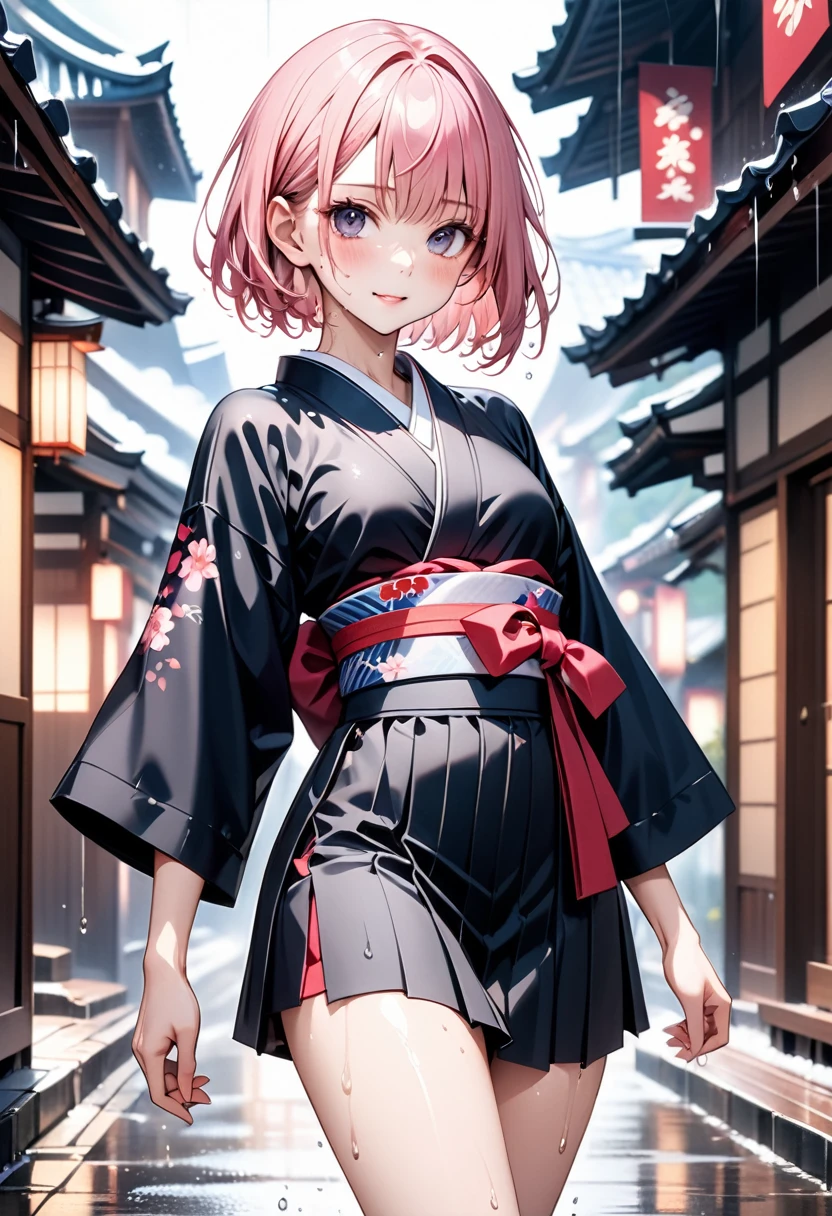 ((Wet Hair)), ((Wet skin)), ((wet clothes)), (((Samurai costume))), (((kimono))), ((Hakama)), ((skindentation)), skinny, solo, (1 sexy woman), Masterpiece, highest quality, highest quality, 16K, incredibly absurd, highly detailed, 2.5D, ai-generated, delicate and dynamic, very delicate facial expressions, delicate eye depiction, erotic, only sexy woman, (short hair), (pink hair:1.5), bob cut, black eye, ((A cute and kind face)), healthy figure, ((25-year-old woman)), 160cm tall, medium firm swaying bust, blush, Sweat,Embarrassed,sexy, ((thin thighs)), ((shiny and lustrous)), facing straight at viewer, Japan in the Edo period, post town scenery, heading to battle, in the rain, Close-up,
