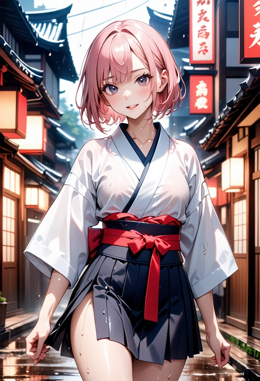 ((Wet Hair)), ((Wet skin)), ((wet clothes)), (((Samurai costume))), (((kimono))), ((Hakama)), ((skindentation)), skinny, solo, (1 sexy woman), Masterpiece, highest quality, highest quality, 16K, incredibly absurd, highly detailed, 2.5D, ai-generated, delicate and dynamic, very delicate facial expressions, delicate eye depiction, erotic, only sexy woman, (short hair), (pink hair:1.5), bob cut, black eye, ((A cute and kind face)), healthy figure, ((25-year-old woman)), 160cm tall, medium firm swaying bust, blush, Sweat,Embarrassed,sexy, ((thin thighs)), ((shiny and lustrous)), facing straight at viewer, Japan in the Edo period, post town scenery, heading to battle, in the rain, Close-up,