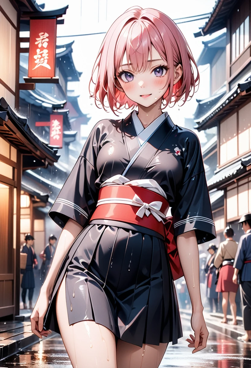 ((Wet Hair)), ((Wet skin)), ((wet clothes)), (((Samurai costume))), (((kimono))), ((Hakama)), ((skindentation)), skinny, solo, (1 sexy woman), Masterpiece, highest quality, highest quality, 16K, incredibly absurd, highly detailed, 2.5D, ai-generated, delicate and dynamic, very delicate facial expressions, delicate eye depiction, erotic, only sexy woman, (short hair), (pink hair:1.5), bob cut, black eye, ((A cute and kind face)), healthy figure, ((25-year-old woman)), 160cm tall, medium firm swaying bust, blush, Sweat,Embarrassed,sexy, ((thin thighs)), ((shiny and lustrous)), facing straight at viewer, Japan in the Edo period, post town scenery, heading to battle, in the rain, Close-up,