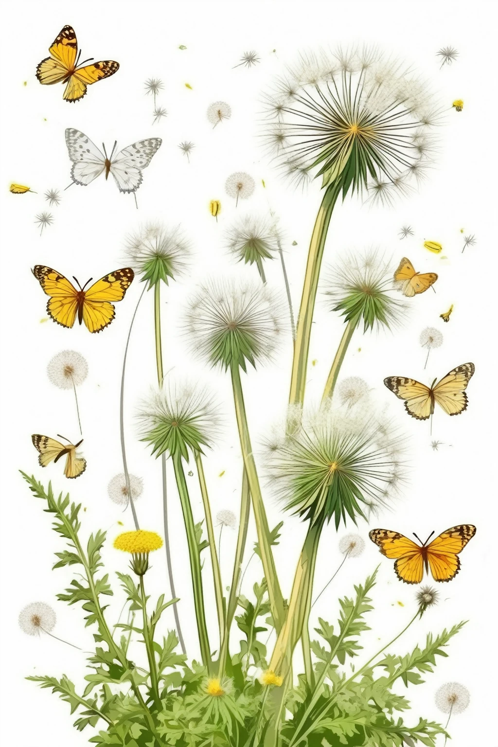 Century Plant Illustrations - Fresh Style、High-quality plant graphic illustrations，Dandelion，There are weeds and small flowers growing beside it，Butterflies flying around，Bohemian style，，White background