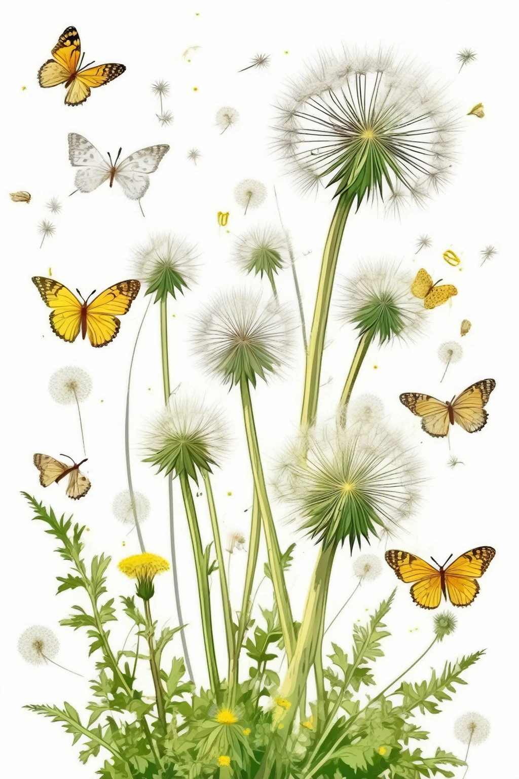 Century Plant Illustrations - Fresh Style、High-quality plant graphic illustrations，Dandelion，There are weeds and small flowers growing beside it，Butterflies flying around，Bohemian style，，White background