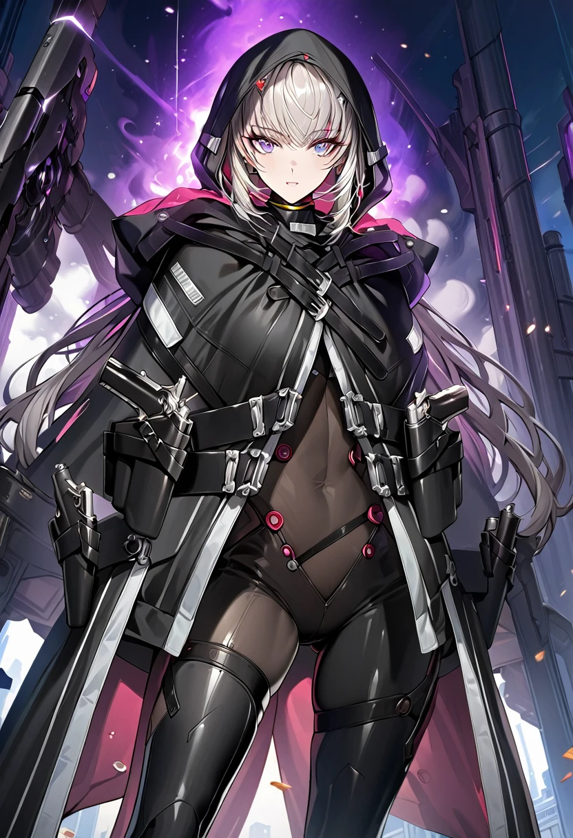 absurdres, by famous artist, exquisite, cowboy shot, hood, jacket, body suit, black clothes, black wear, weapon,((( purple eyes))), perfect eyes,ultra detailed beautiful face, masterpiece, super fine illustration, ultra high res, masterwork, best quality, cg unity 8k wallpaper, official art, ultra detailed, beautiful, accurate face parts, even eyes, symmetrical eyes, perfect face, ultra detailed beautiful eyes, (((breasts))), gleaming skin, oil skin, shiny skin, (((black pantyhose, black tights))), beautiful and aesthetic, High quality, extremely detailed, extremely detailed cg unity 8k wallpaper, super detailed skin, hdr, highers, extremely detailed beautiful face, light eyes, 16k, finely detail, Amazing, top quality, distinct image, vibrant details, professional art, finely quality eyes, finely detailed face, a face of perfect proportion, high detailed face,