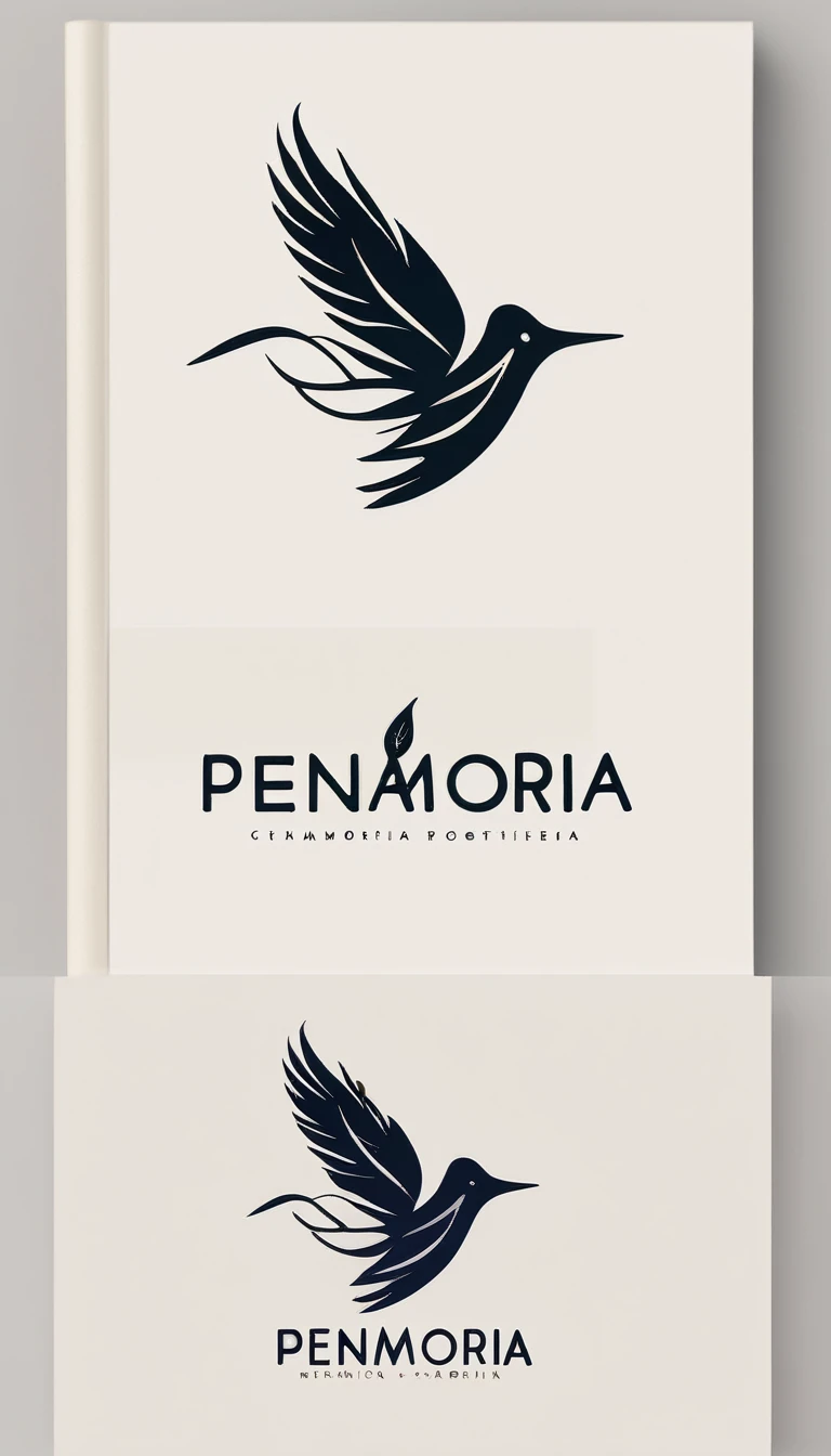 A minimal, high quality, modern, simple, cinematic symbol design for the brand “Penamemoria". The logotype must be a simple, magical feather and a boy playing acoustic guitar. The logo must convey a sense of music, stories and dreams. Logo design impressed on a book cover. Minimalistic logo