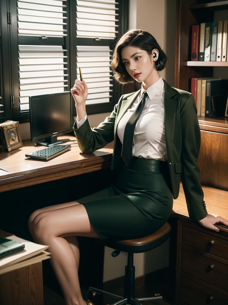 (full body),In the office, a Chinese beauty wearing a uniform, with perfect facial features, hot ass giri, lipstick, red lips, (Retro finger waves),finger waves,Deep olive green tight fitting wool jacket, a brown-green shirt,wearing (Black uniform tie),Deep Olive Green Wool Pencil Skirt, （Black high heeled knee high boots）,  full body, Wearing headphones on the head，Sitting in front of a computer and working, sitting in an office chair ,(Her boyfriend is standing across from her,) a girl, a boy, full body , office, night, bright lighting, Best quality, masterpiece, ultra highs, (photosensitive: 1.4), 8k portal of beautiful, integrated, elegantly, highly detailed, Majestic, art by artwork and run jia and greg rutkowski, (masterpiece, sidelighting, finely detailed beautiful eyes: 1.2), HDR, Detailed background,dressed in 1940s style clothing,Wear black headphones