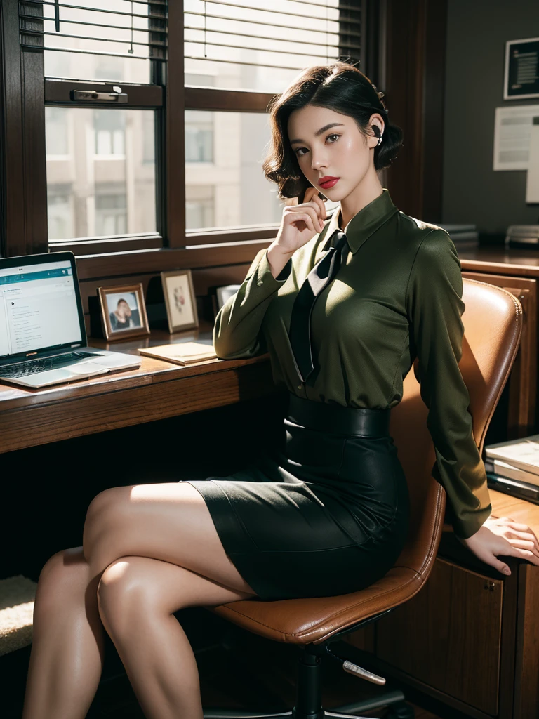 (full body),In the office, a Chinese beauty wearing a uniform, with perfect facial features, hot ass giri, lipstick, red lips, (Retro finger waves),finger waves,Deep olive green tight fitting wool jacket, a brown-green shirt,wearing (Black uniform tie),Deep Olive Green Wool Pencil Skirt, （Black high heeled knee high boots）,  full body, Wearing headphones on the head，Sitting in front of a computer and working, sitting in an office chair ,(Her boyfriend is standing across from her,) a girl, a boy, full body , office, night, bright lighting, Best quality, masterpiece, ultra highs, (photosensitive: 1.4), 8k portal of beautiful, integrated, elegantly, highly detailed, Majestic, art by artwork and run jia and greg rutkowski, (masterpiece, sidelighting, finely detailed beautiful eyes: 1.2), HDR, Detailed background,dressed in 1940s style clothing,Wear black headphones